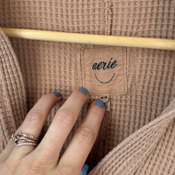 Aerie Lumber Jane Waffle Polo Long Sleeve Top Oversized Tan Size Medium - Picture 3 of 8
